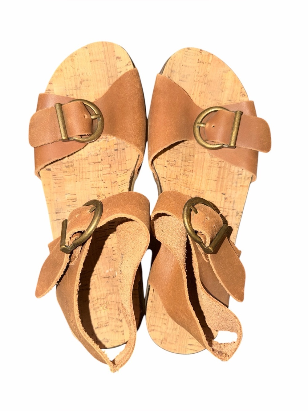 Kickers Tan Leather Cork Slide Sandals with Brass Buckles